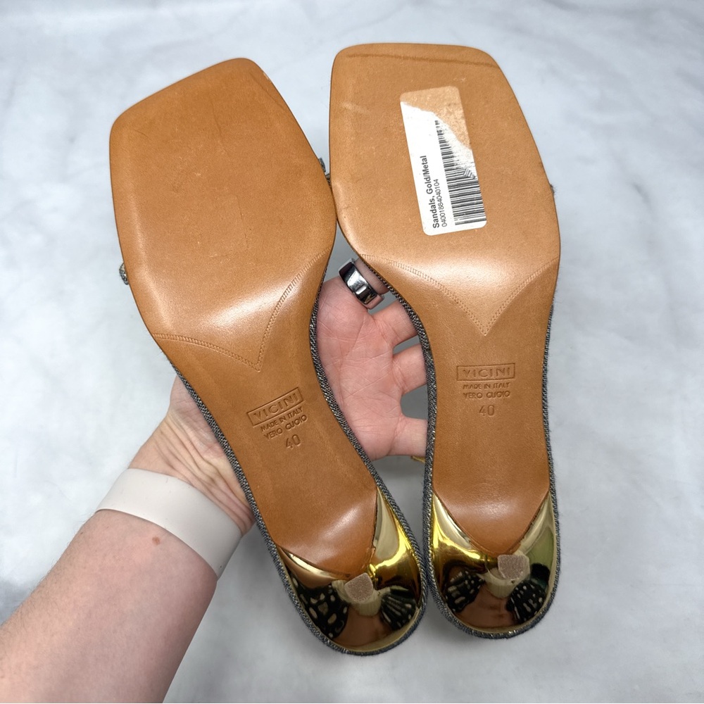 NEW Vicini by Giuseppe Zanotti Glitter Denim Low Kitten Heel Mule Sandal Gold 40 - Picture 12 of 16
